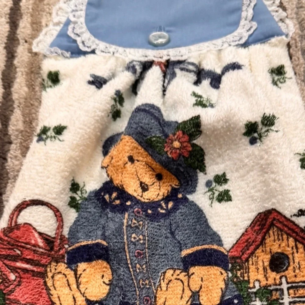 New Vintage Franco Teddy Bear Hanging‎ Kitchen Towels Blue Set Made in Canada
